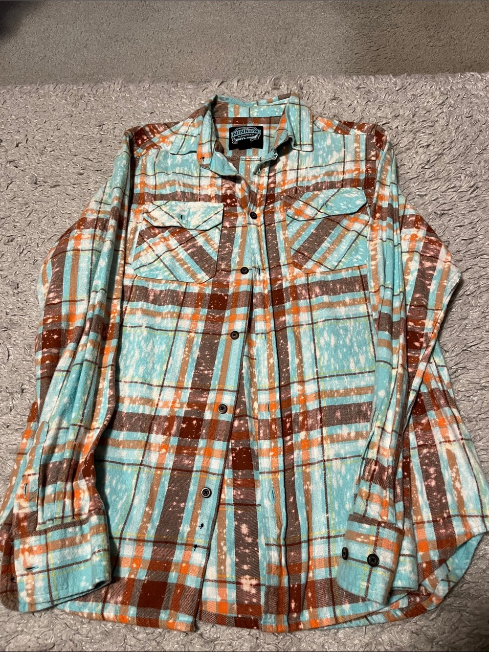 Womens Plaid Button-Front Shirt in Aqua and Brown
